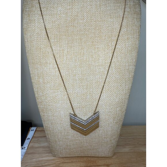 Madewell Chevron Pendant Long Necklace Gold & Silver-Tone Mixed Metal With Rhine - Picture 8 of 12